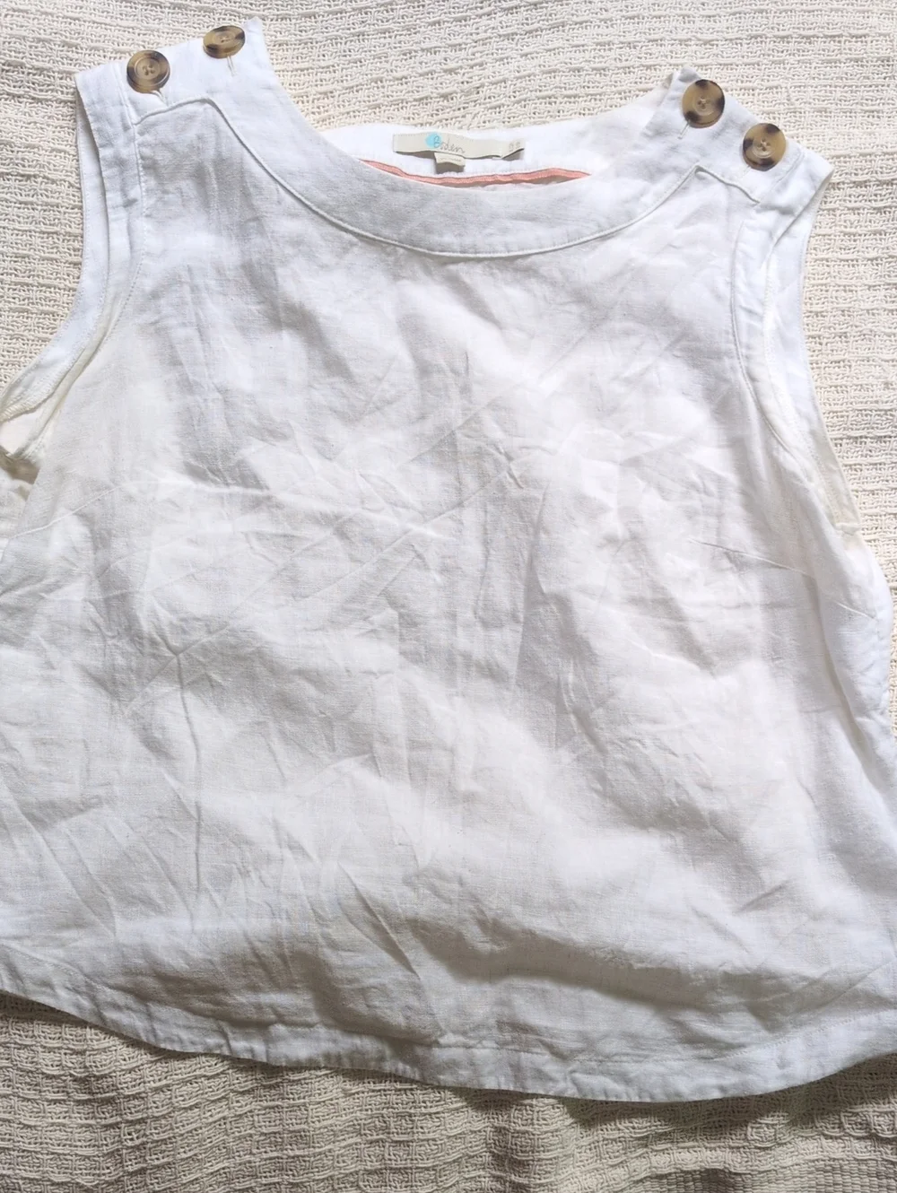 Boden White Linen Button-Shoulder Tank